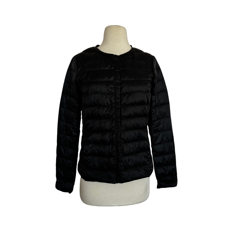 Uniqlo Ultra Light Down Jacket Black Collarless Snap Front Quilted Puffer Womens